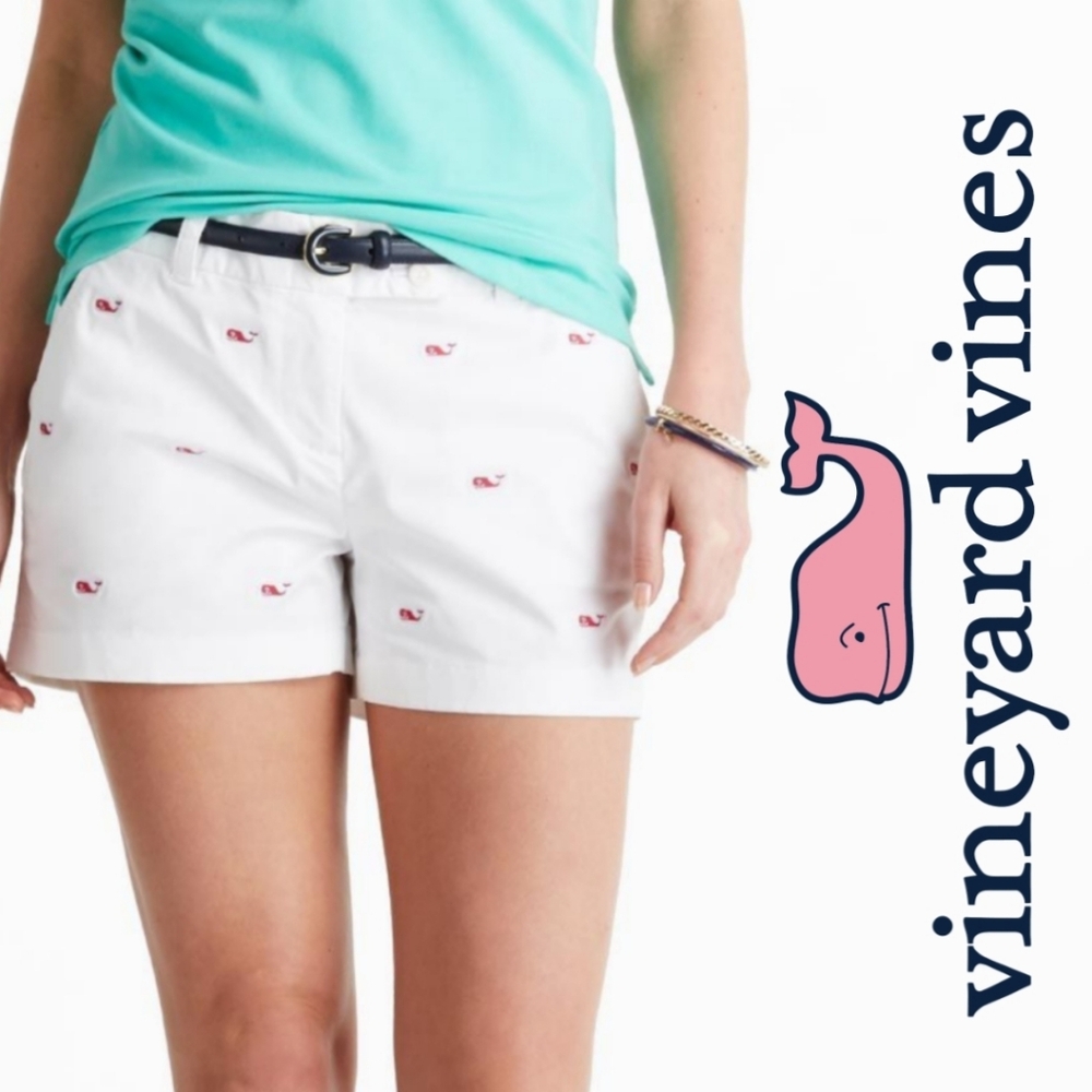 Vineyard Vines White Shorts with Pink Whale Embroidery